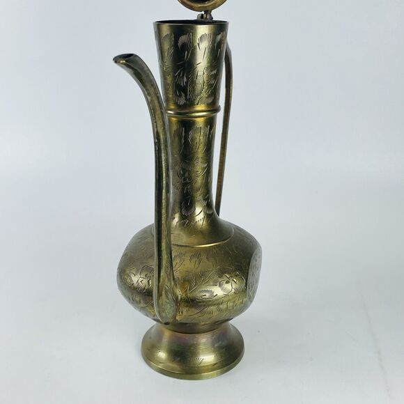 Vintage Etched Brass Botanical Pitcher Ewer Tea Pot Hinged Lid Made in India 12" - Picture 6 of 12